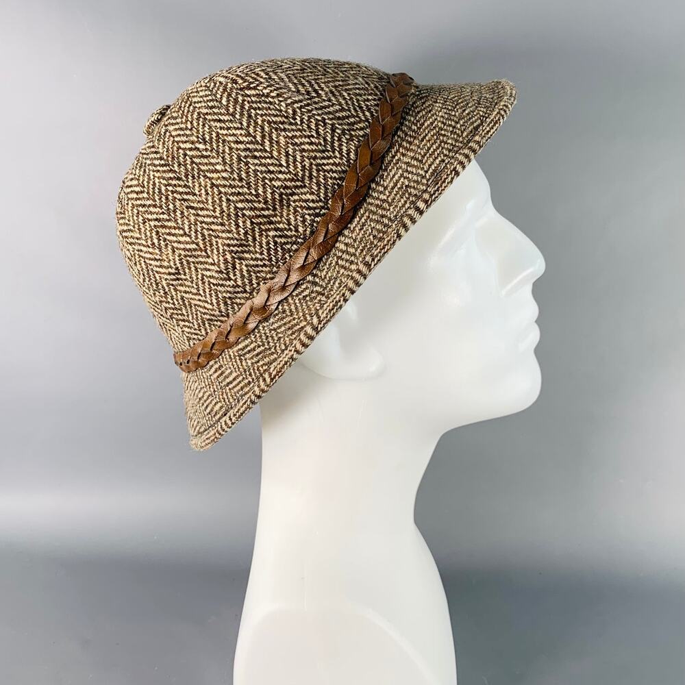 KNOX HATS Vintage Brown Beige Herringbone Braided Leather Trim Fabric Hat